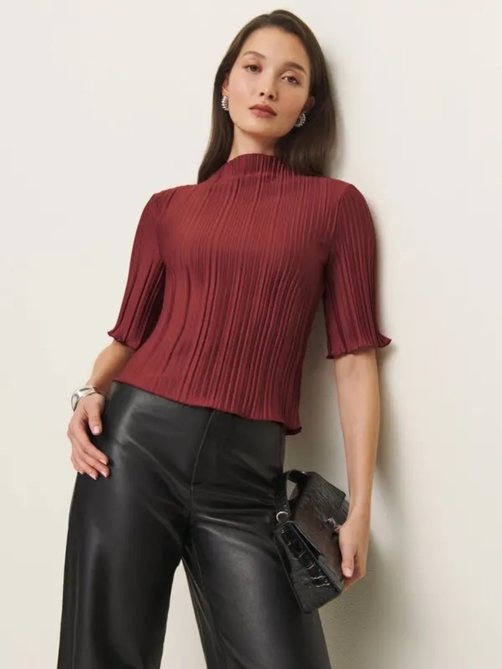 Reformation Spencer Knit Pleated Mockneck Top Sz Small Burnt Red Plissee